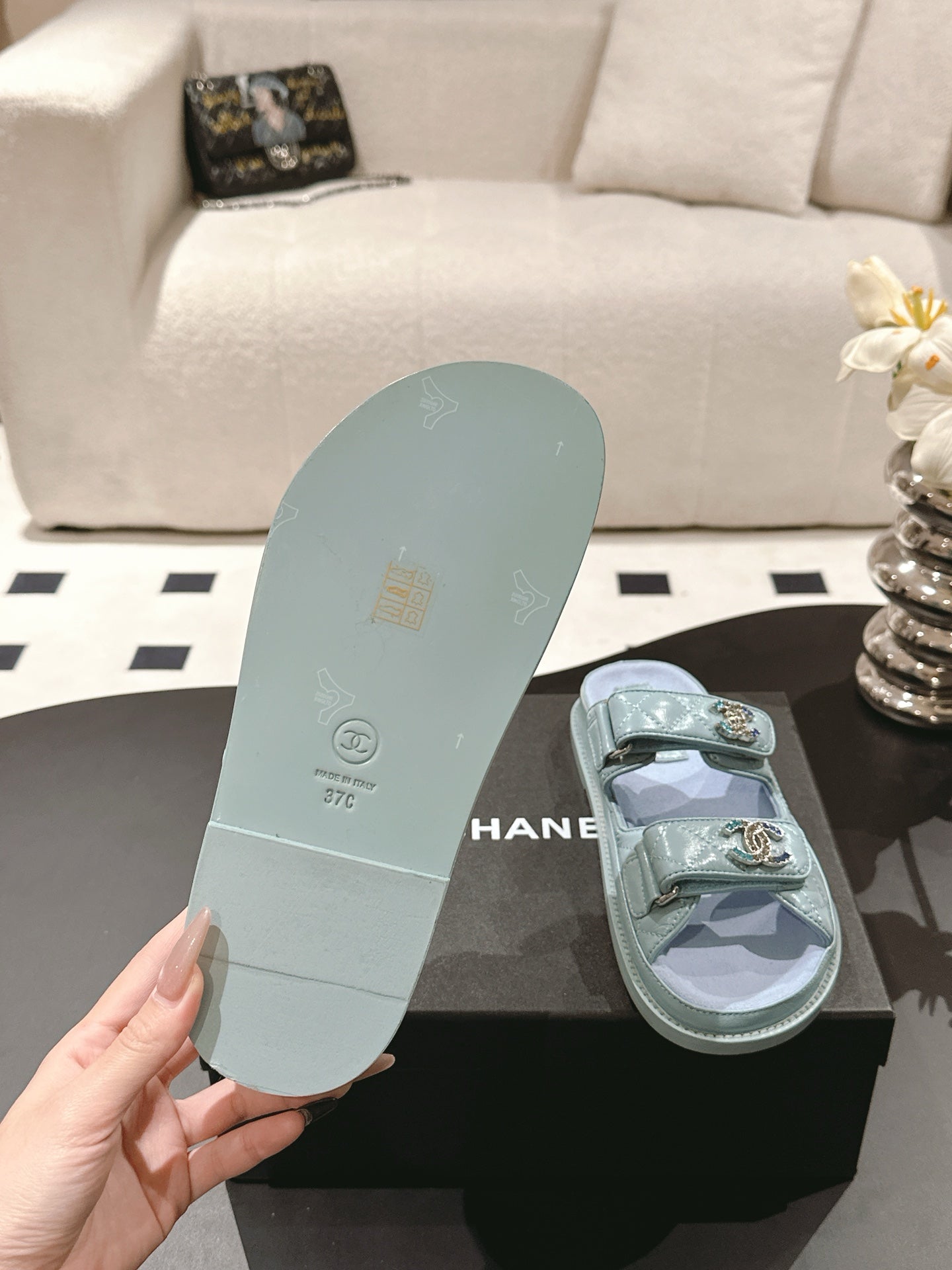CHANEL 25 Dad Sandal Mule Baby Blue Patent Leather 237572