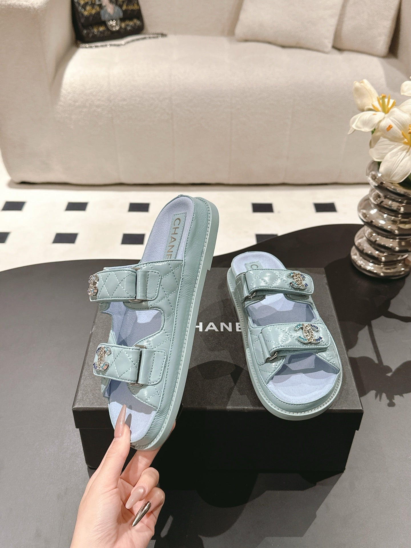 CHANEL 25 Dad Sandal Mule Baby Blue Patent Leather 237572