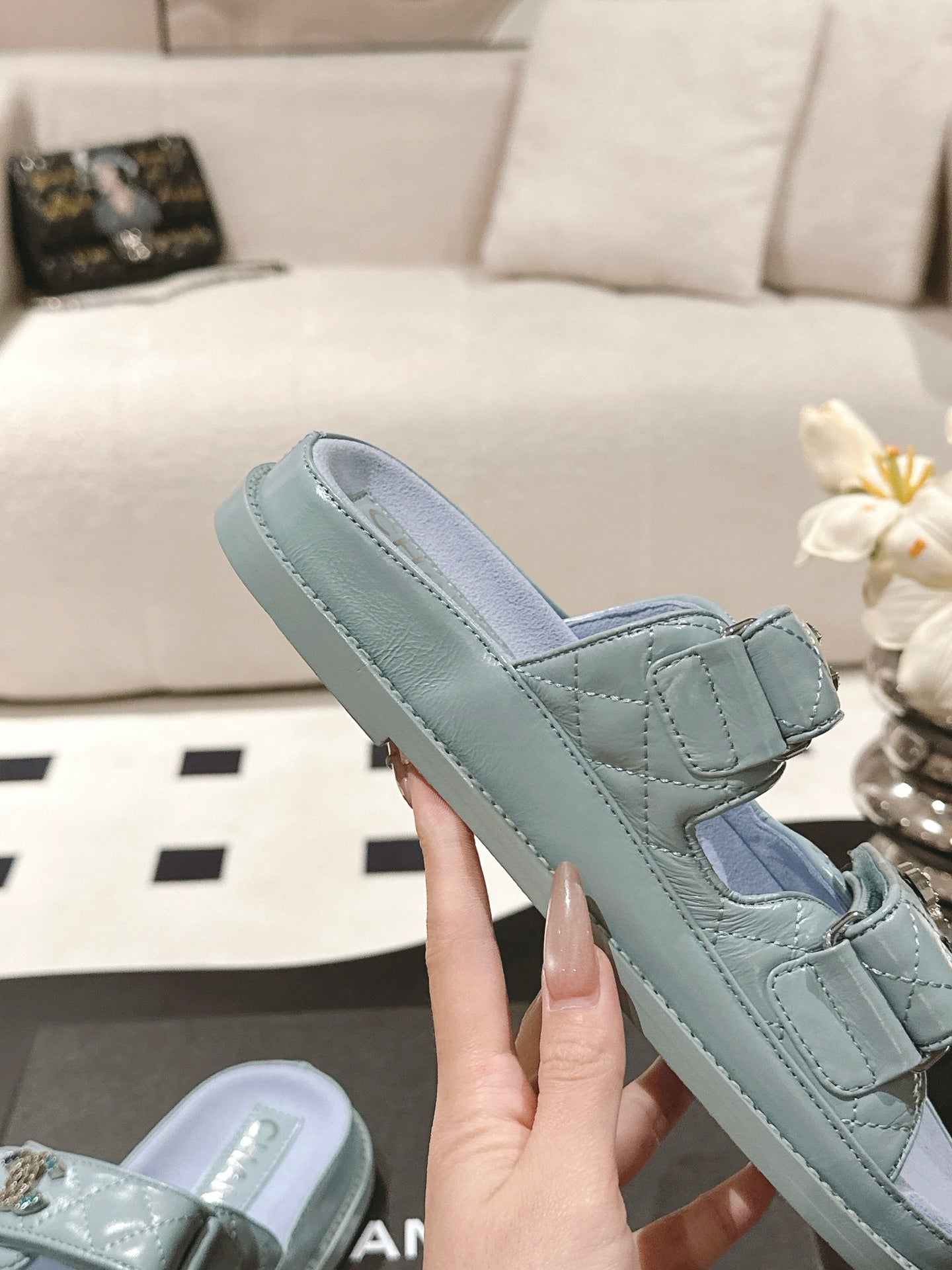 CHANEL 25 Dad Sandal Mule Baby Blue Patent Leather 237572