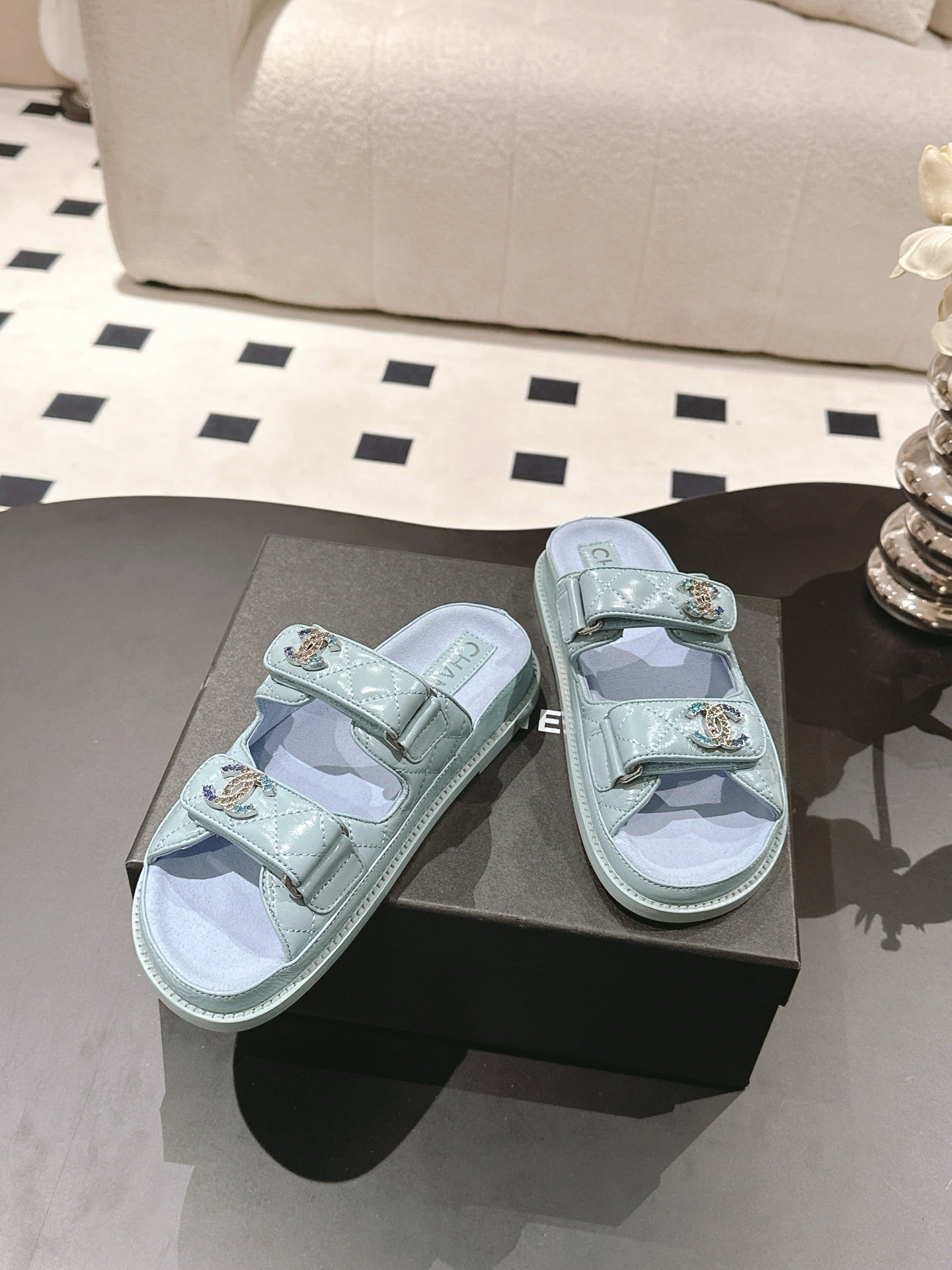 CHANEL 25 Dad Sandal Mule Baby Blue Patent Leather 237572