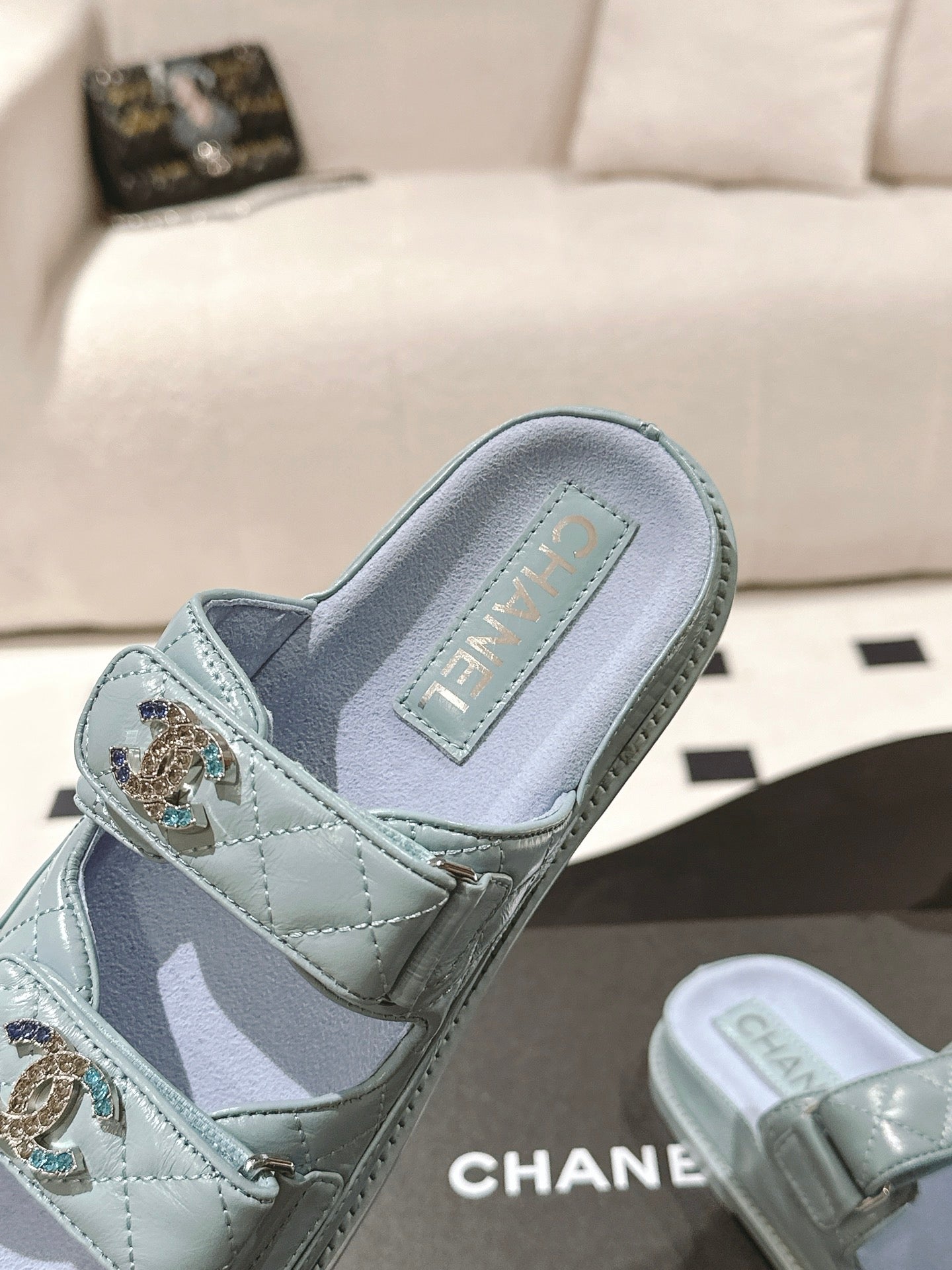 CHANEL 25 Dad Sandal Mule Baby Blue Patent Leather 237572