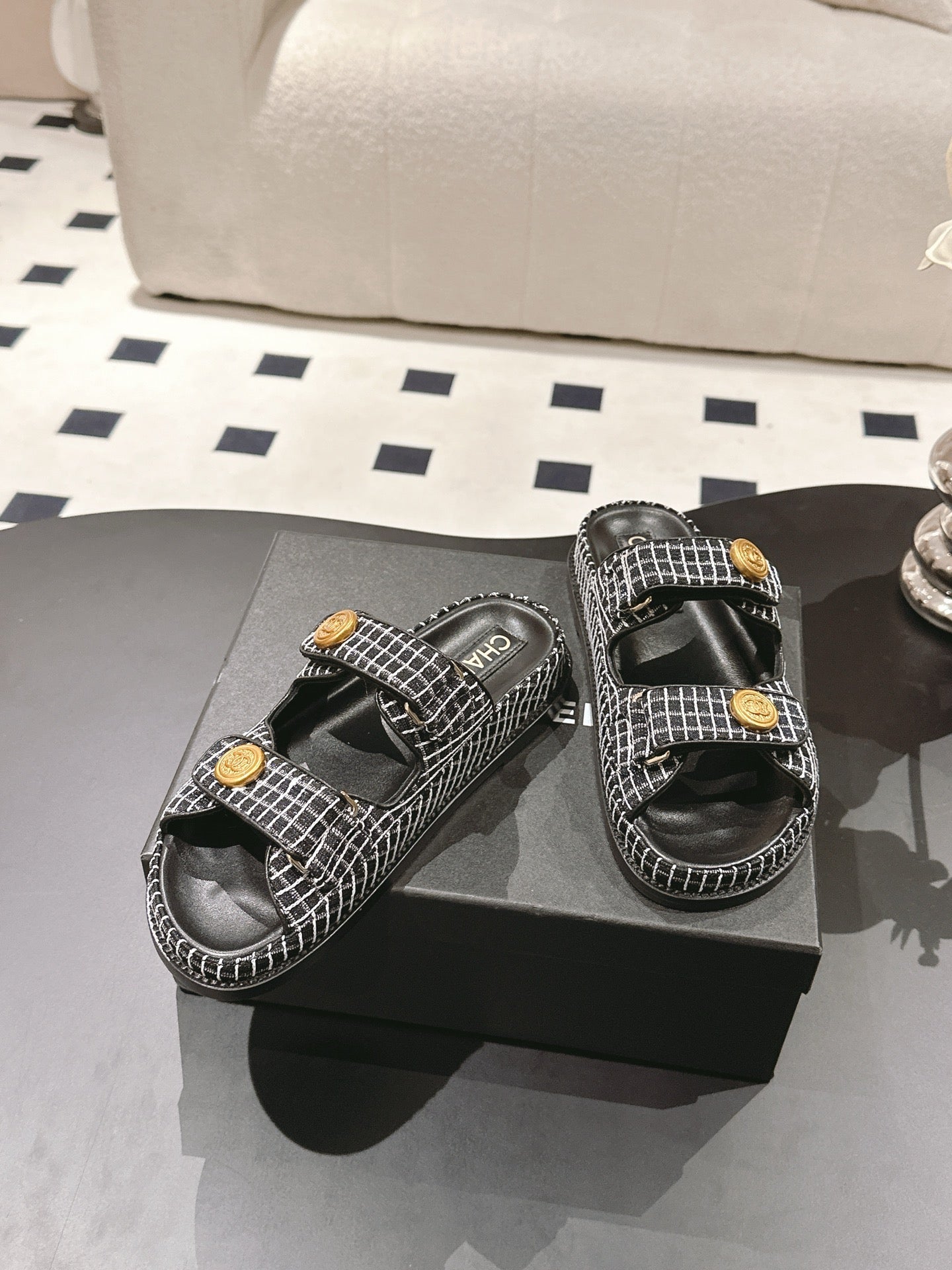CHANEL 25 Dad Sandal Mule Black mix White Fabric 237576