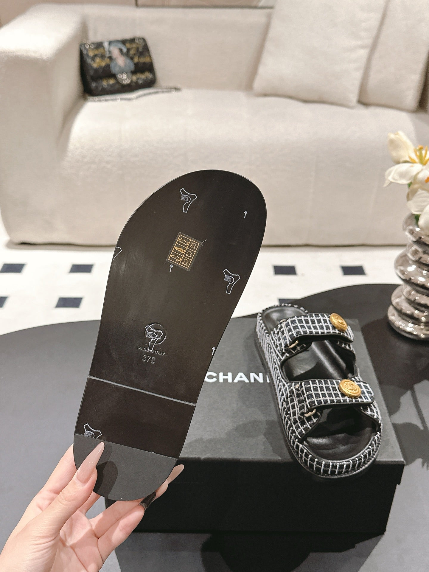 CHANEL 25 Dad Sandal Mule Black mix White Fabric 237576