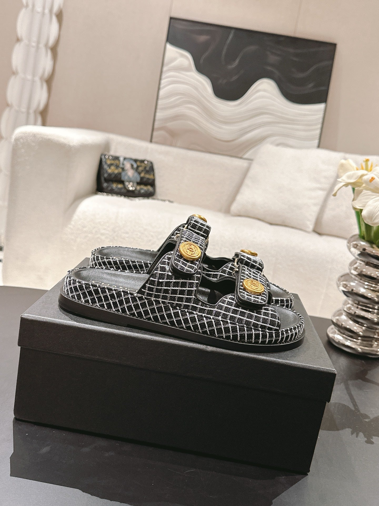 CHANEL 25 Dad Sandal Mule Black mix White Fabric 237576