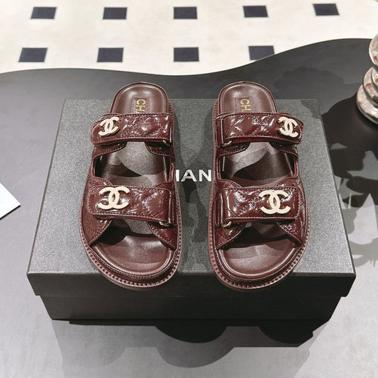 CHANEL 25 Dad Sandal Mule Deep Brown Patent Leather 237578
