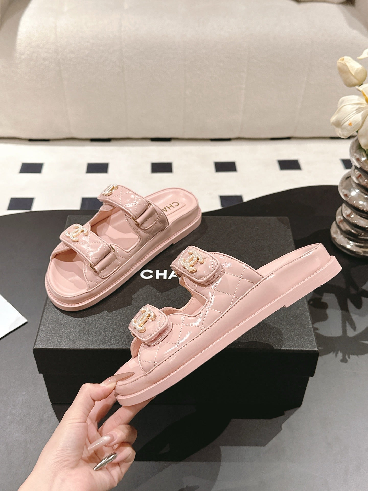CHANEL 25 Dad Sandal Mule Pink Pastel Patent Leather 237580