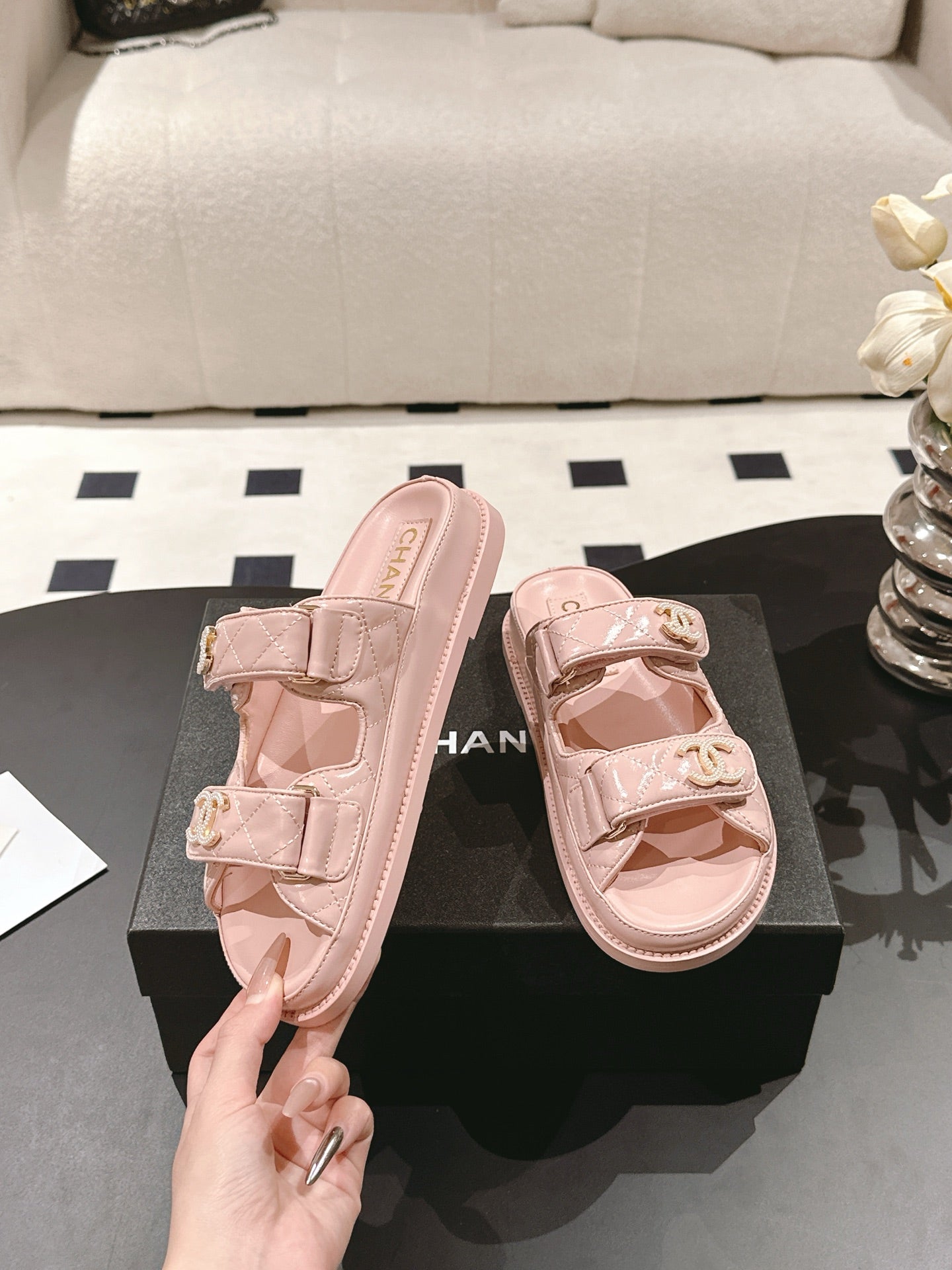 CHANEL 25 Dad Sandal Mule Pink Pastel Patent Leather 237580