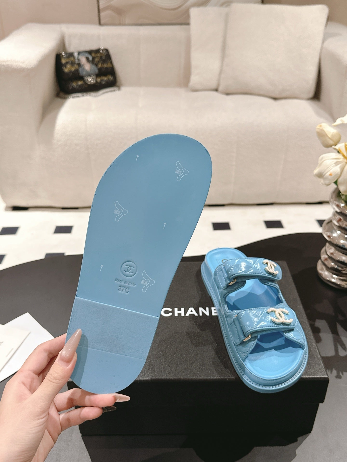 CHANEL 25 Dad Sandal Mule Sky Blue Patent Leather 237583