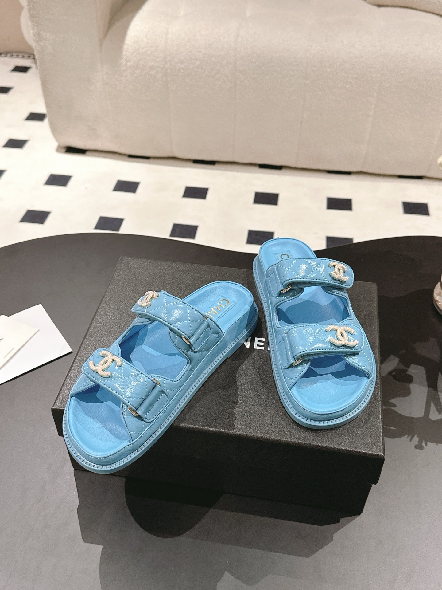 CHANEL 25 Dad Sandal Mule Sky Blue Patent Leather 237583