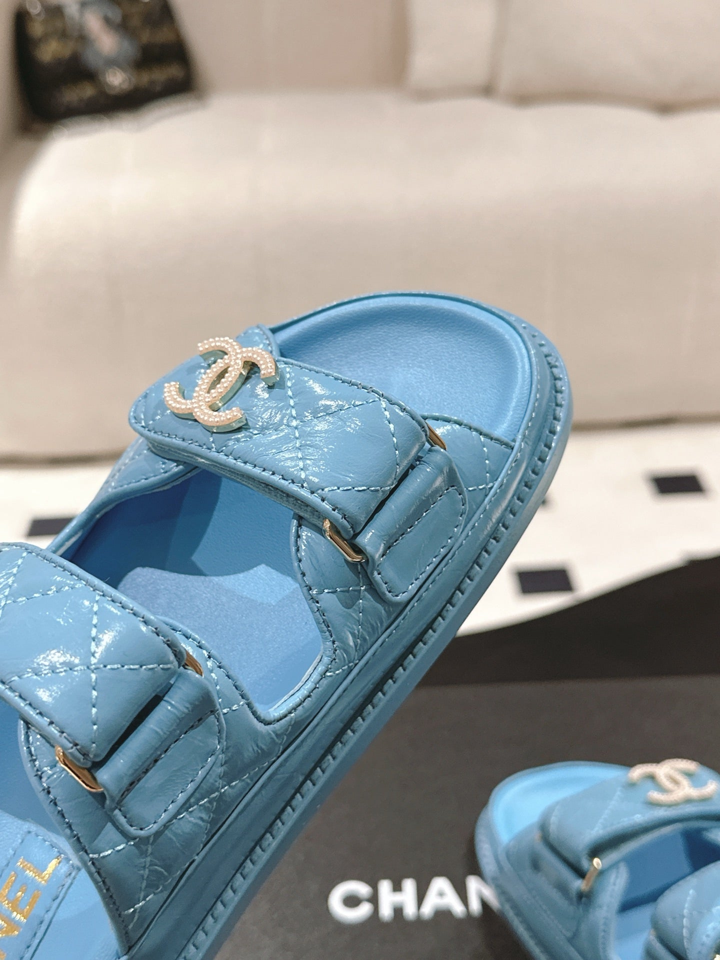 CHANEL 25 Dad Sandal Mule Sky Blue Patent Leather 237583