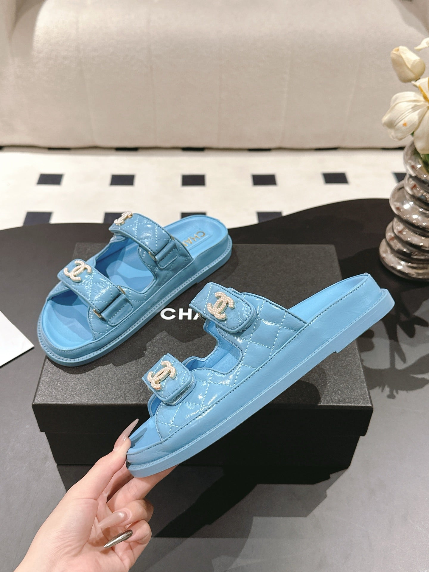CHANEL 25 Dad Sandal Mule Sky Blue Patent Leather 237583