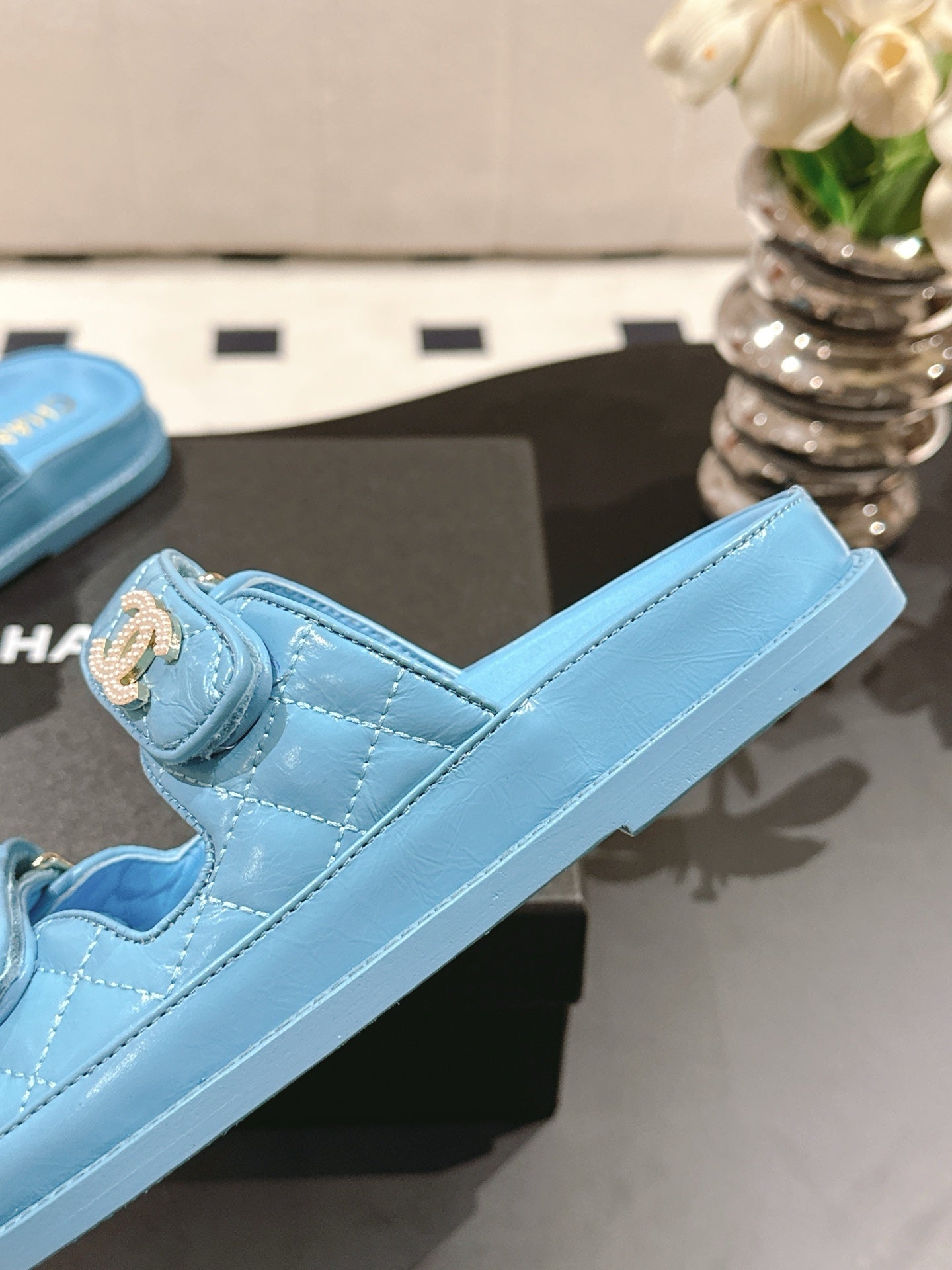 CHANEL 25 Dad Sandal Mule Sky Blue Patent Leather 237583
