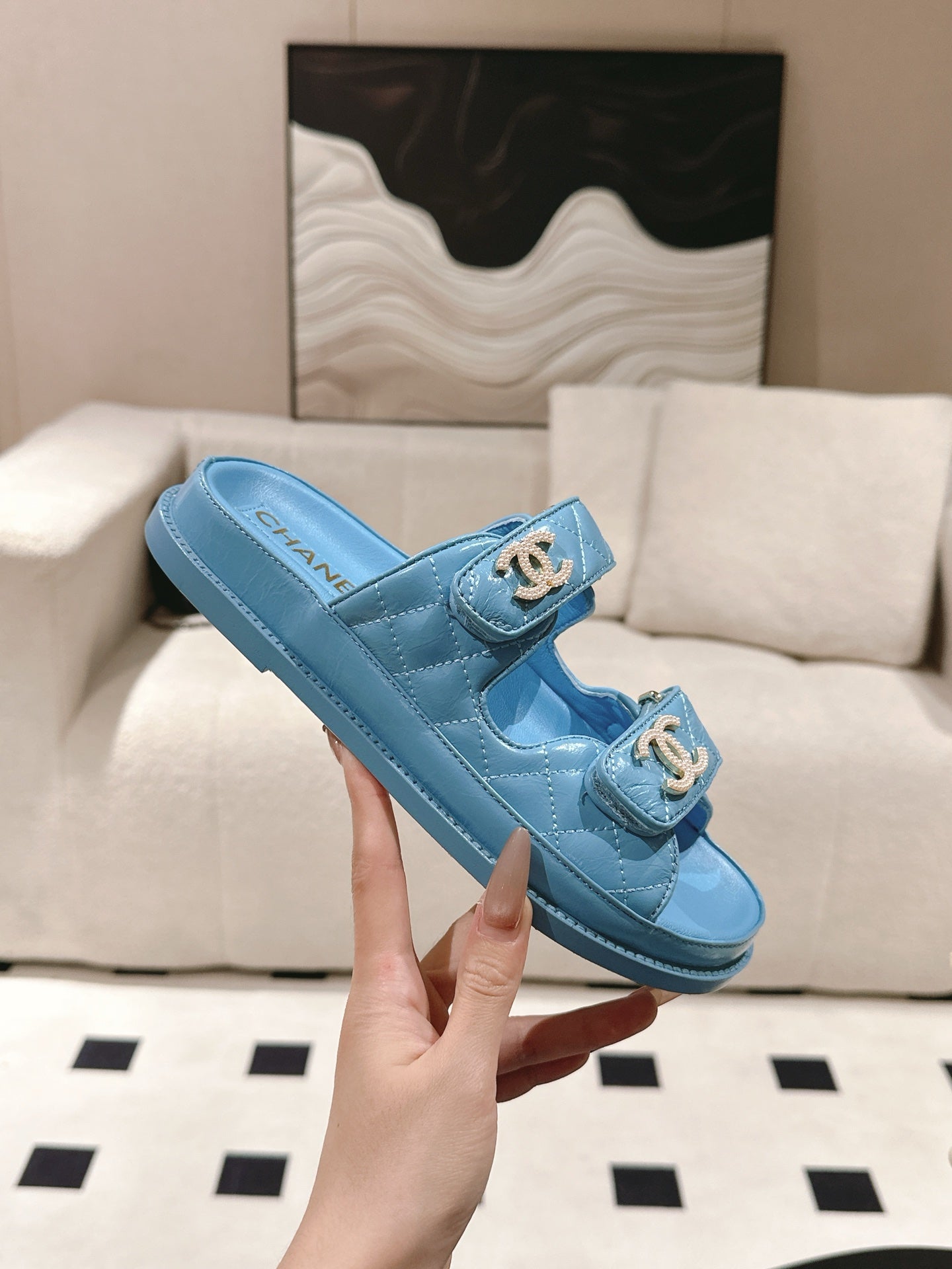 CHANEL 25 Dad Sandal Mule Sky Blue Patent Leather 237583