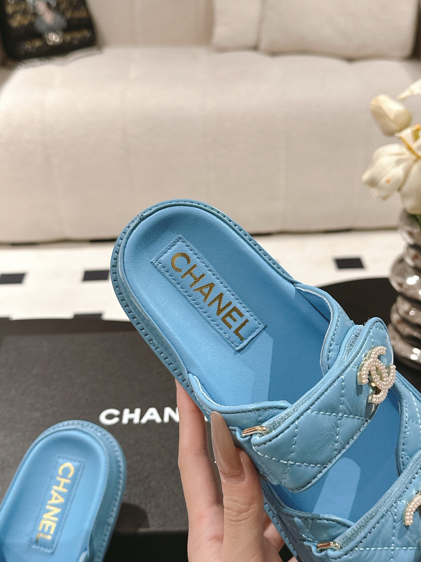 CHANEL 25 Dad Sandal Mule Sky Blue Patent Leather 237583