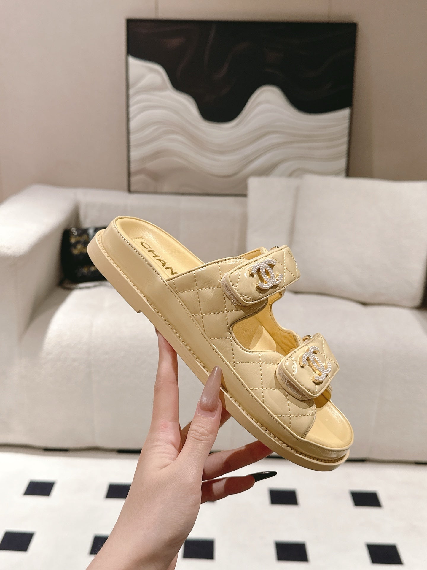 CHANEL 25 Dad Sandal Mule Yellow Pastel Patent Leather 237582