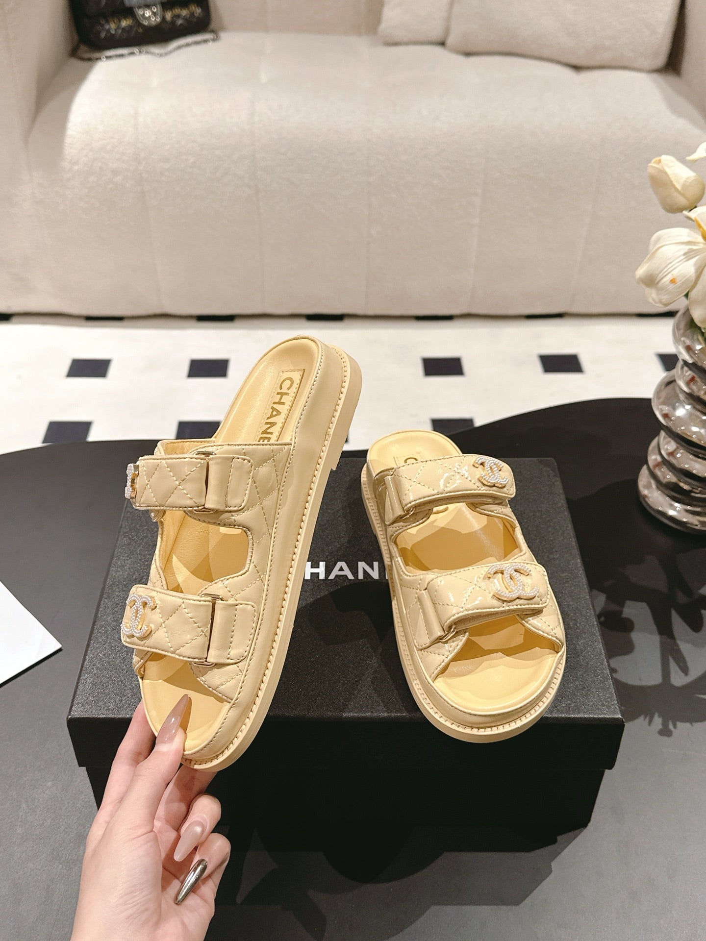 CHANEL 25 Dad Sandal Mule Yellow Pastel Patent Leather 237582