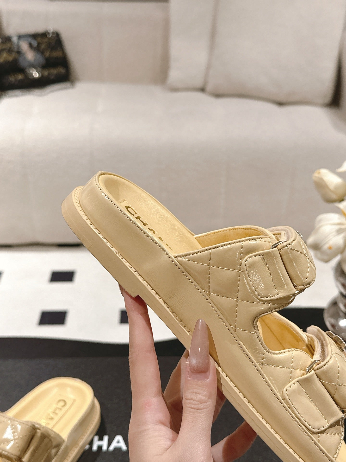 CHANEL 25 Dad Sandal Mule Yellow Pastel Patent Leather 237582