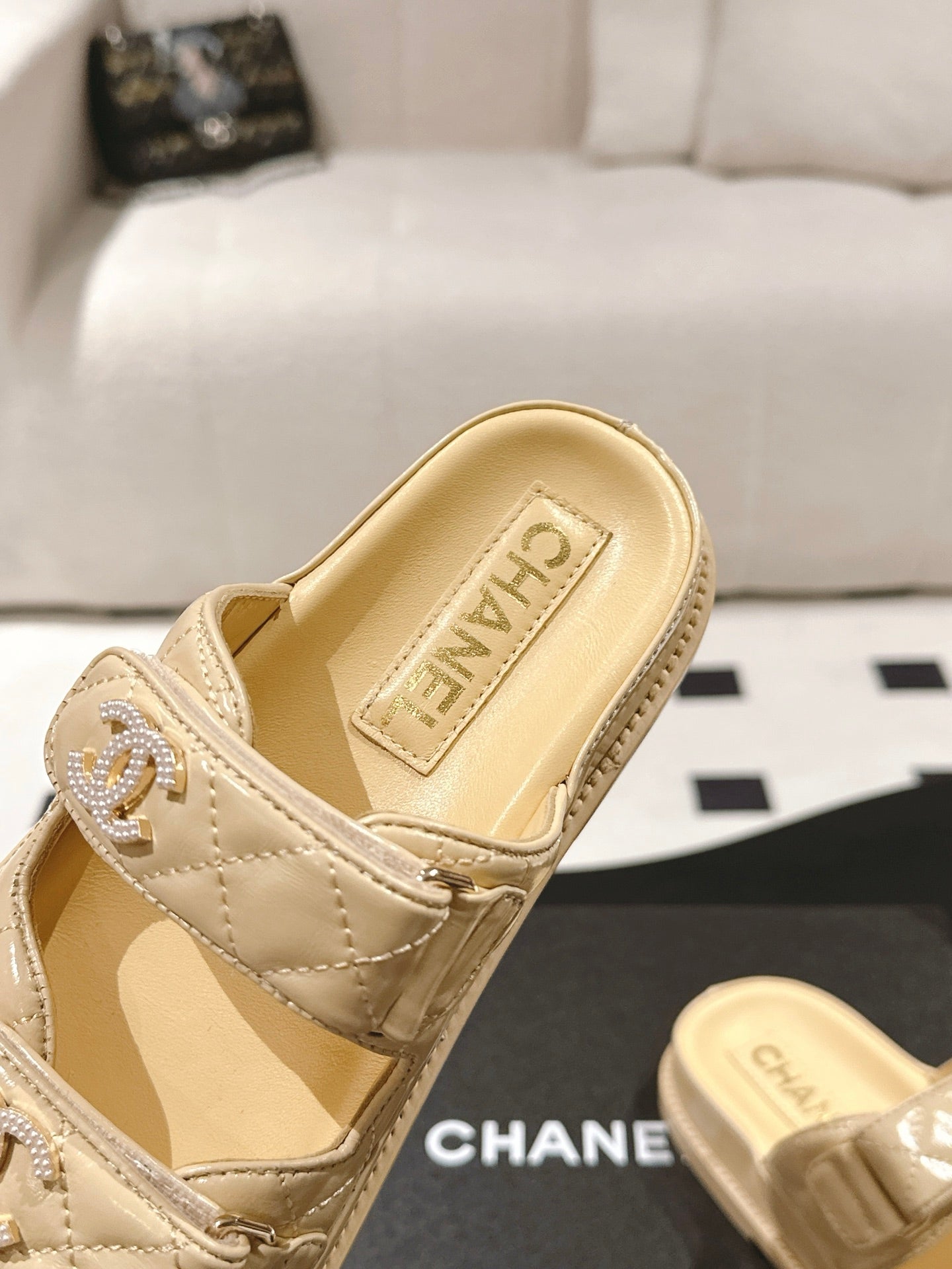 CHANEL 25 Dad Sandal Mule Yellow Pastel Patent Leather 237582