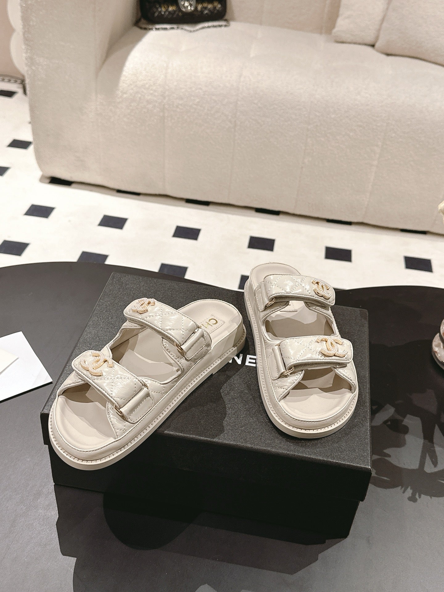 CHANEL 25 Dad Sandal Mule Beige Gray Patent Leather 237584