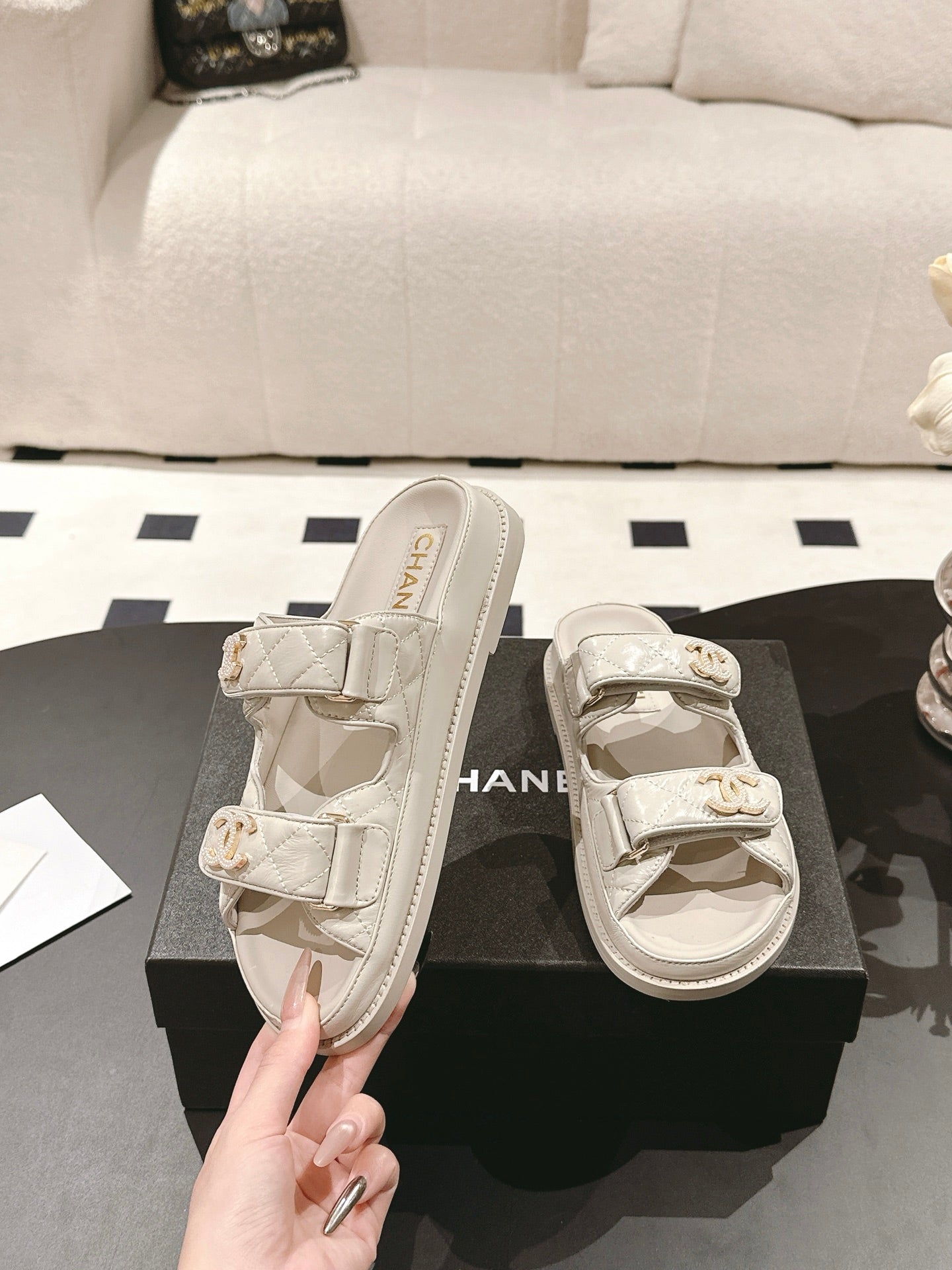 CHANEL 25 Dad Sandal Mule Beige Gray Patent Leather 237584
