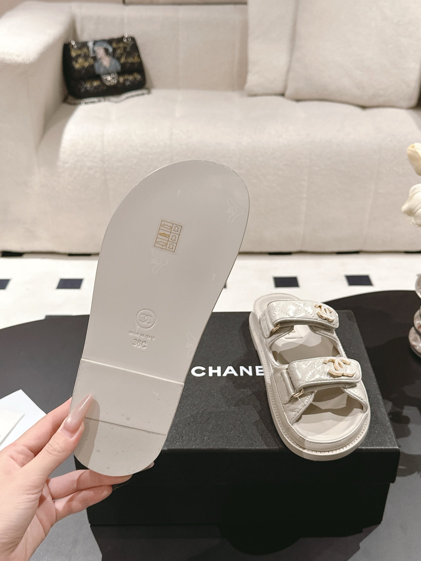 CHANEL 25 Dad Sandal Mule Beige Gray Patent Leather 237584
