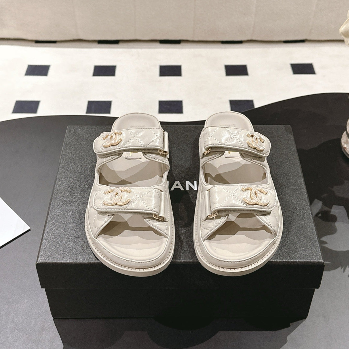 CHANEL 25 Dad Sandal Mule Beige Gray Patent Leather 237584