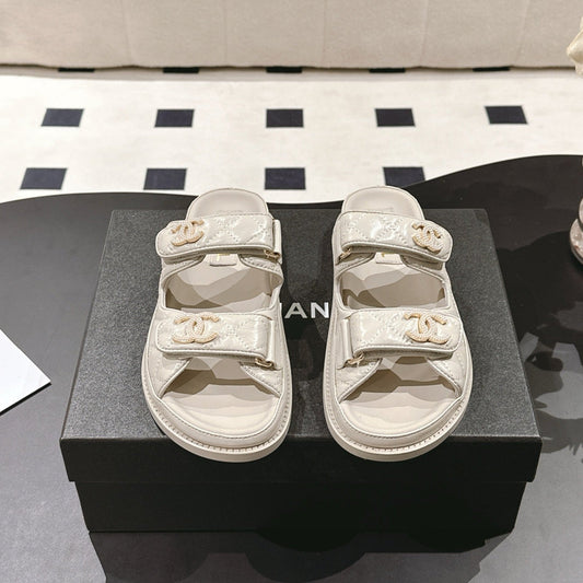 CHANEL 25 Dad Sandal Mule Beige Gray Patent Leather 237584