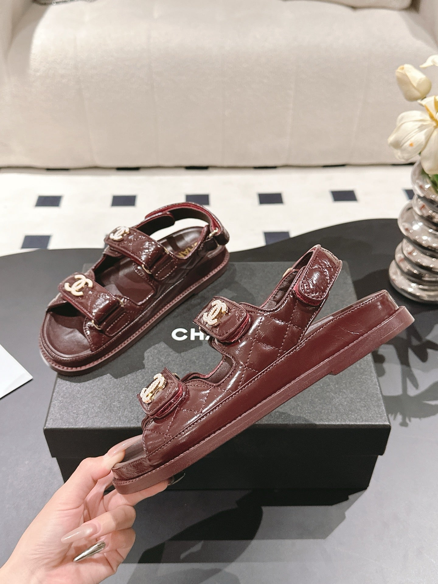 CHANEL 25 Dad Deals Sandals Deep Brown Patent Leather 237587
