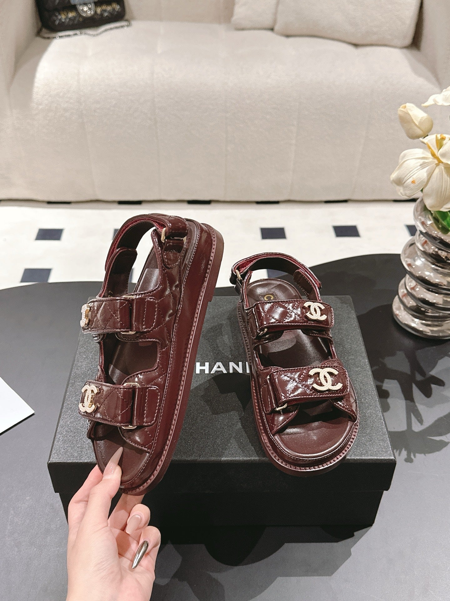 CHANEL 25 Dad Deals Sandals Deep Brown Patent Leather 237587