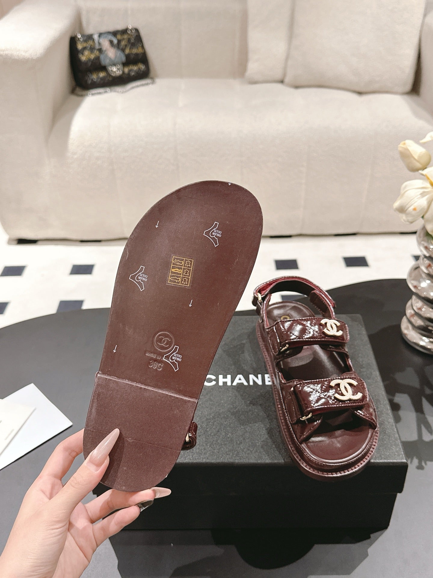 CHANEL 25 Dad Deals Sandals Deep Brown Patent Leather 237587
