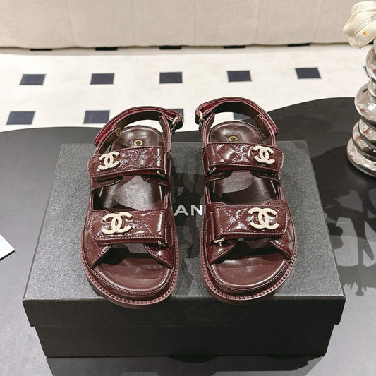 CHANEL 25 Dad Deals Sandals Deep Brown Patent Leather 237587