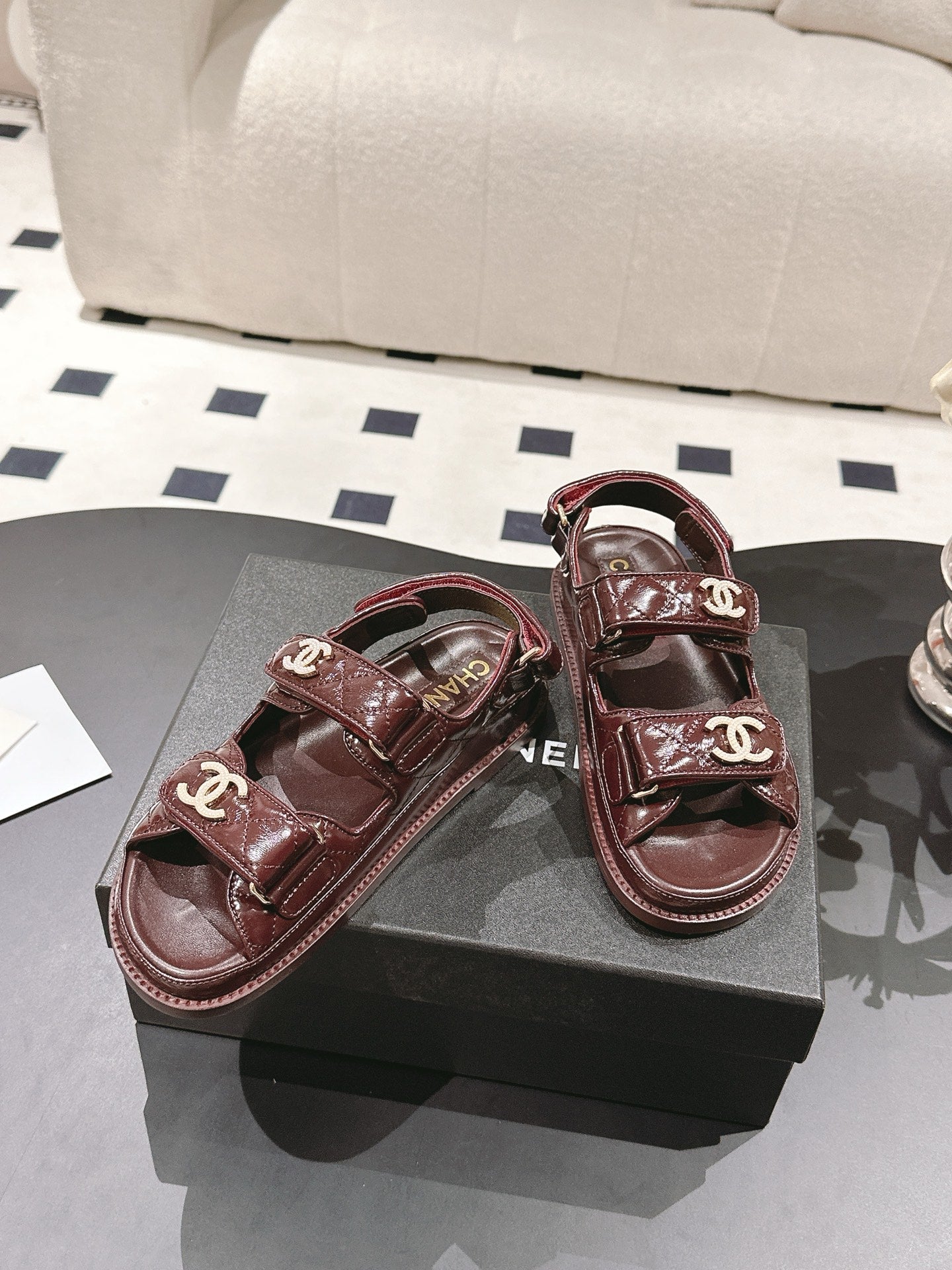 CHANEL 25 Dad Deals Sandals Deep Brown Patent Leather 237587