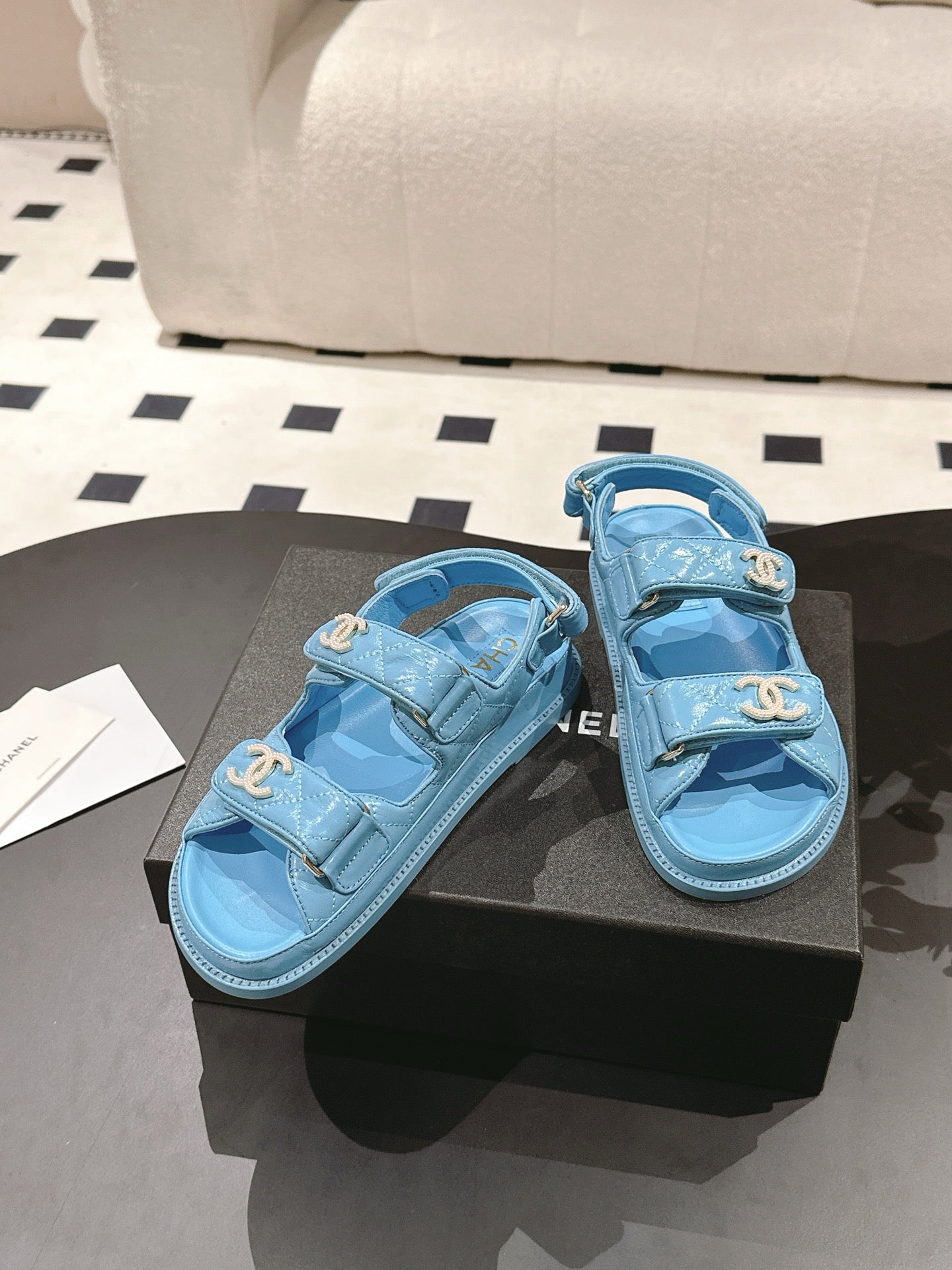 CHANEL 25 Dad Deals Sandals Sky Blue Patent Leather 237588