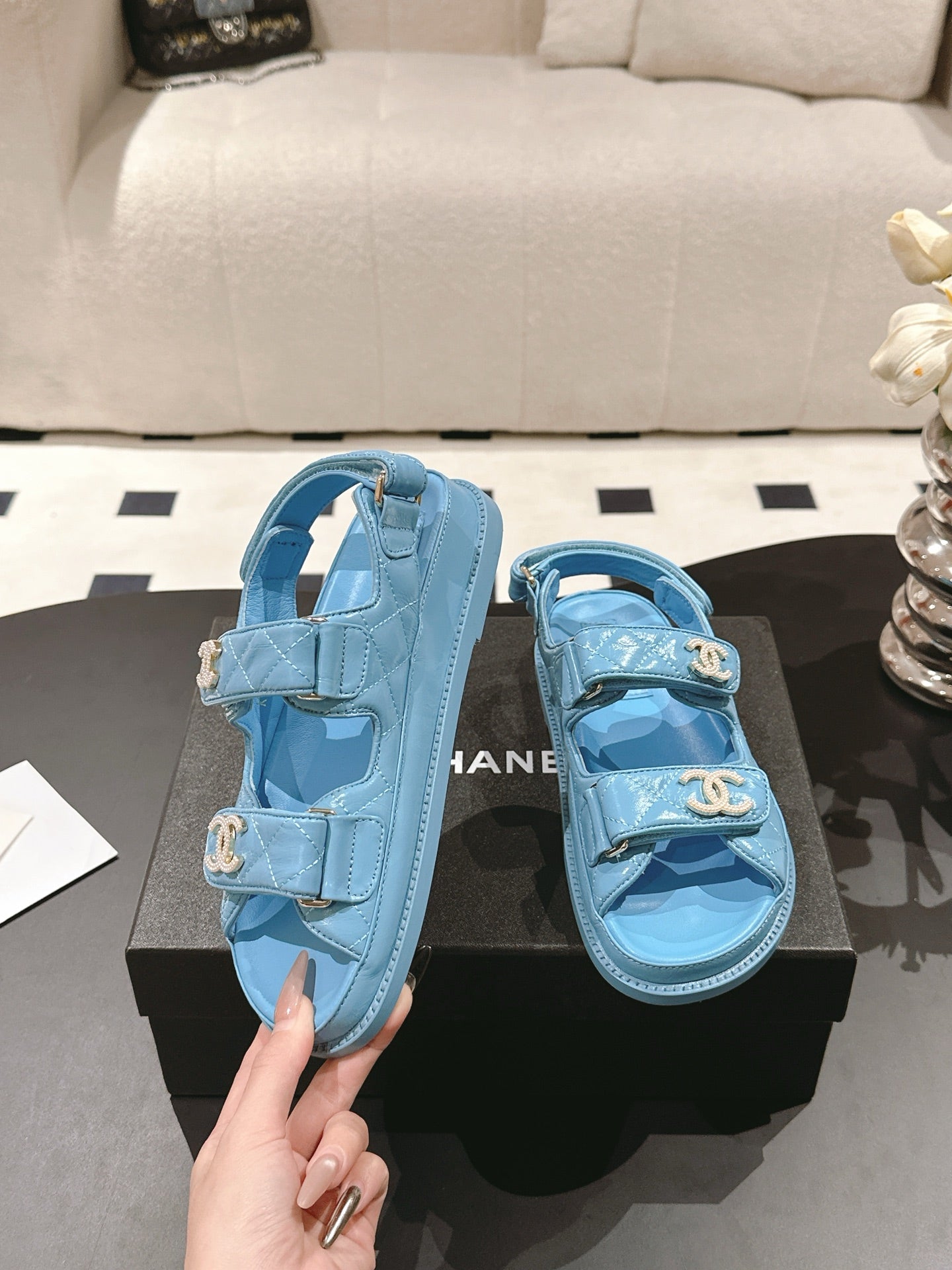 CHANEL 25 Dad Deals Sandals Sky Blue Patent Leather 237588