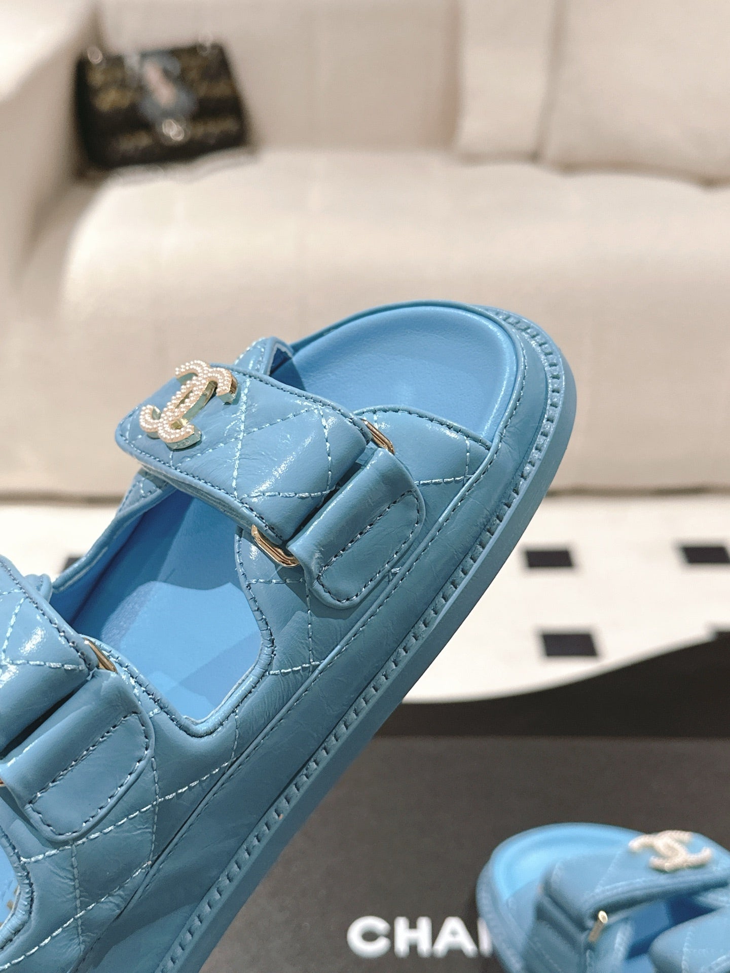 CHANEL 25 Dad Deals Sandals Sky Blue Patent Leather 237588