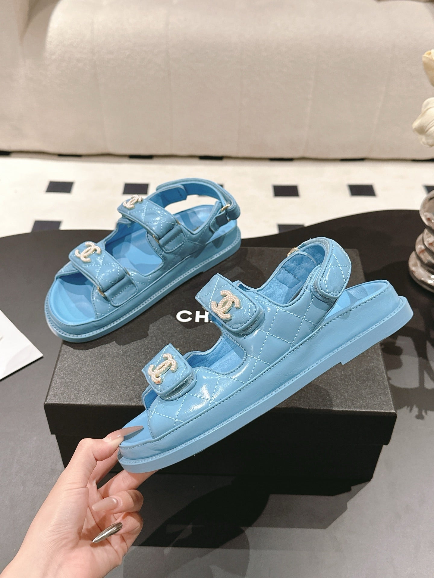 CHANEL 25 Dad Deals Sandals Sky Blue Patent Leather 237588