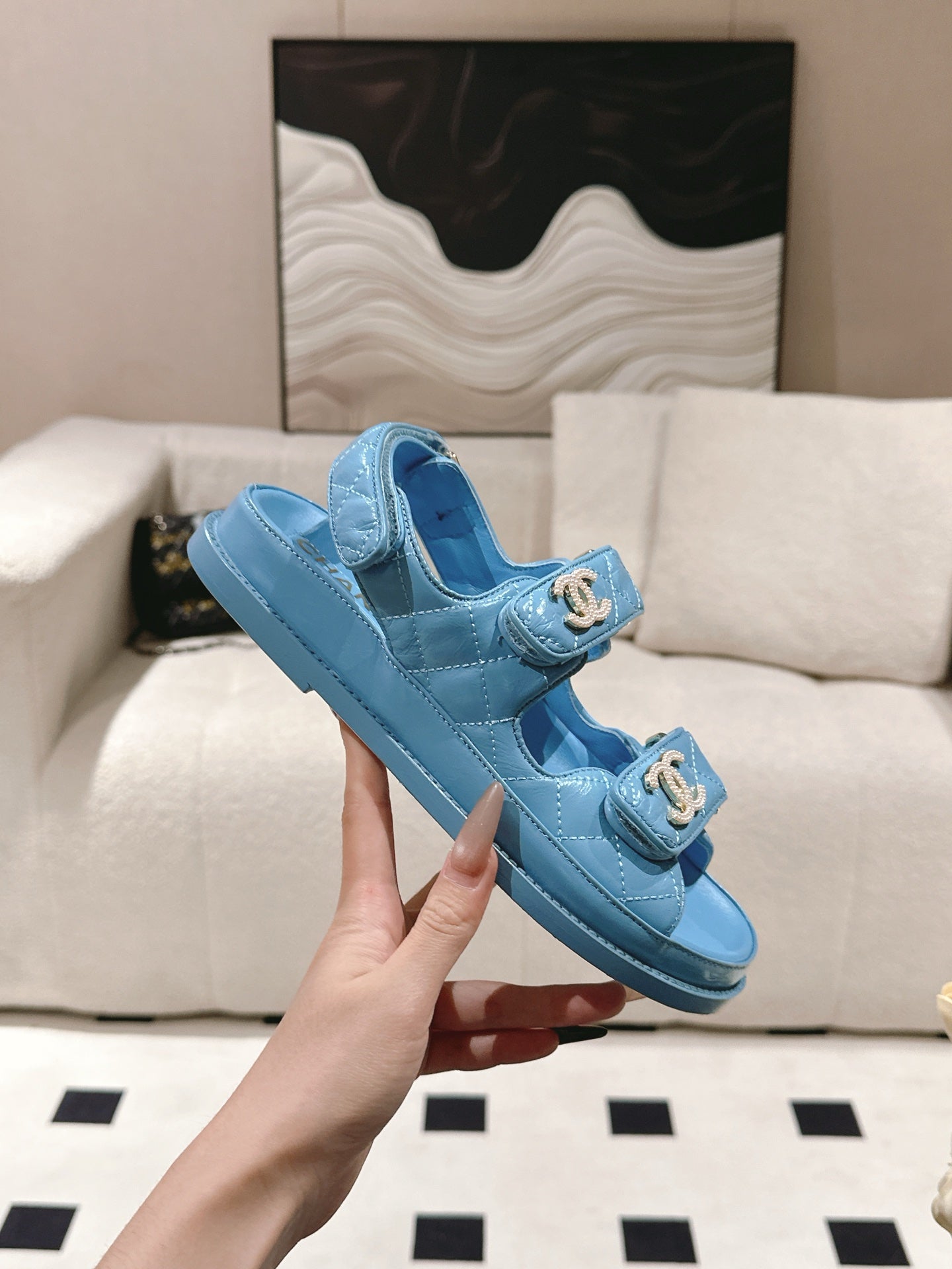 CHANEL 25 Dad Deals Sandals Sky Blue Patent Leather 237588