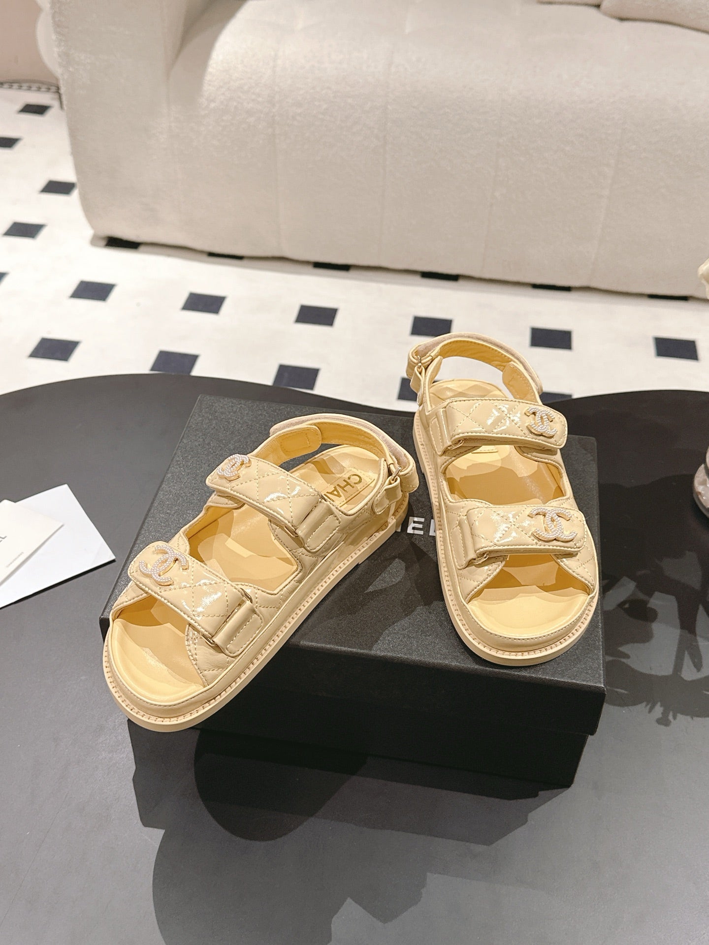 CHANEL 25 Dad Deals Sandals Yellow Pastel Patent Leather 237589