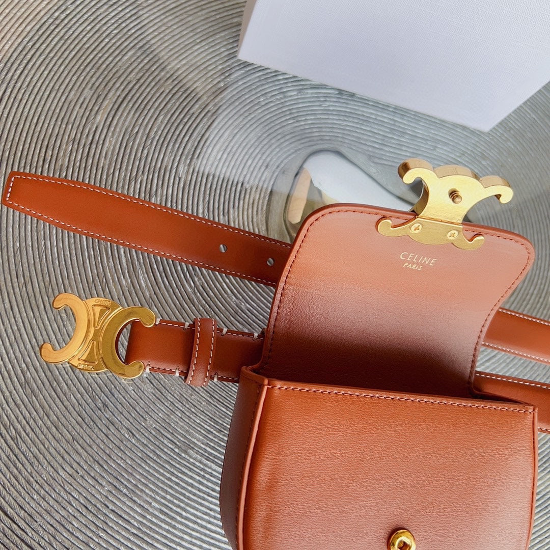 Celine tan calfskin belt bag triomphe gold buckle