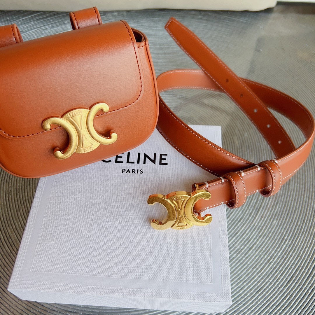 Celine tan calfskin belt bag triomphe gold buckle