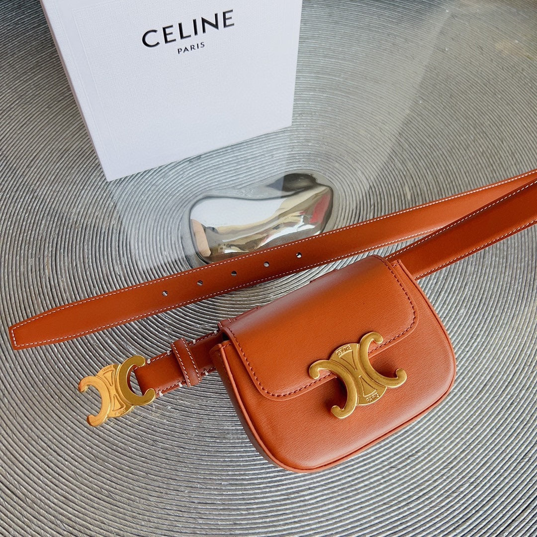 Celine tan calfskin belt bag triomphe gold buckle