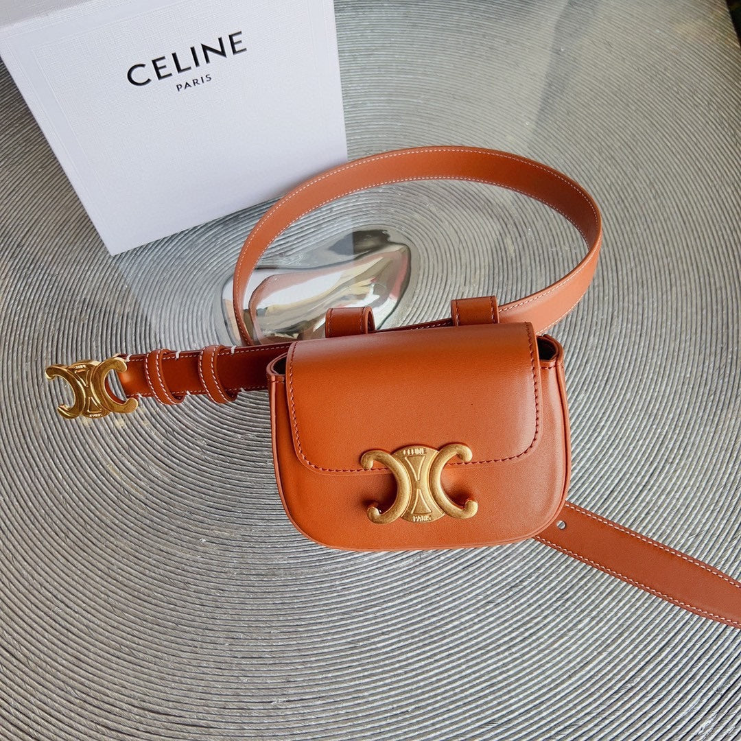 Celine tan calfskin belt bag triomphe gold buckle