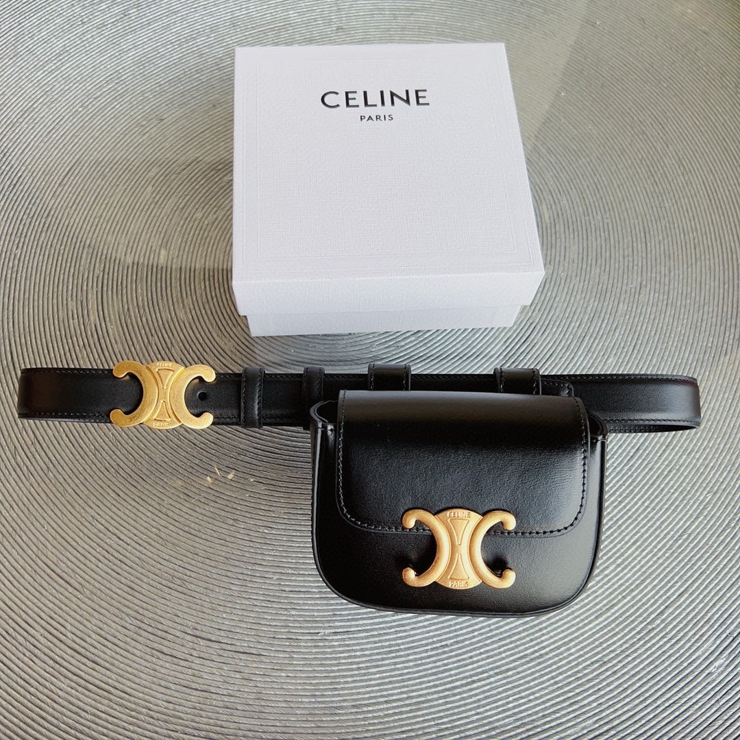 Celine celin black calfskin belt bag triomphe gold buckle