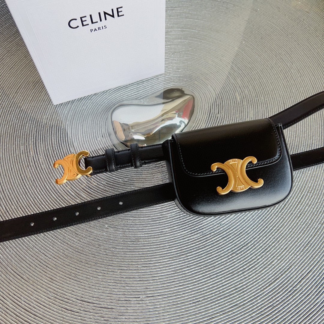 Celine celin black calfskin belt bag triomphe gold buckle