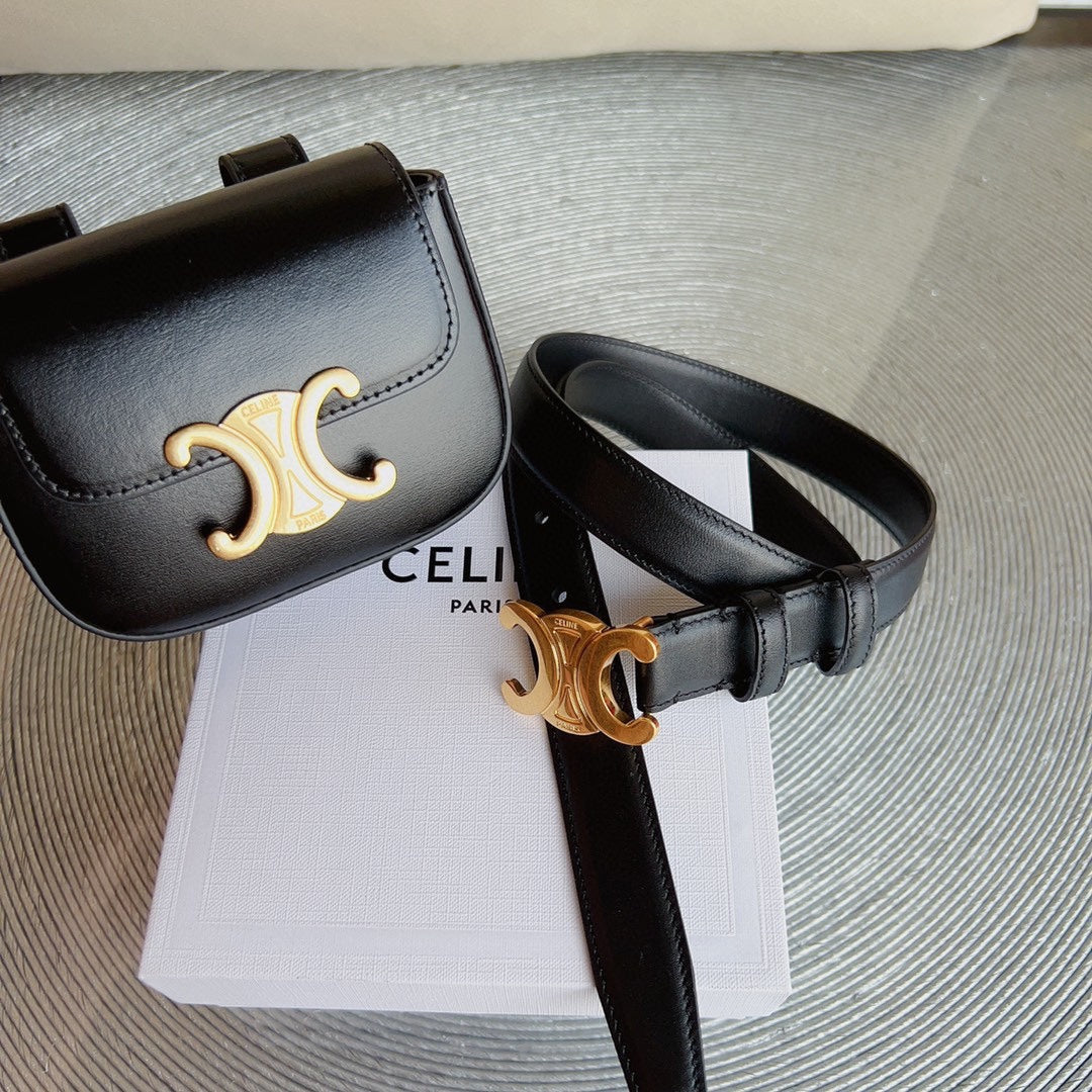 Celine celin black calfskin belt bag triomphe gold buckle