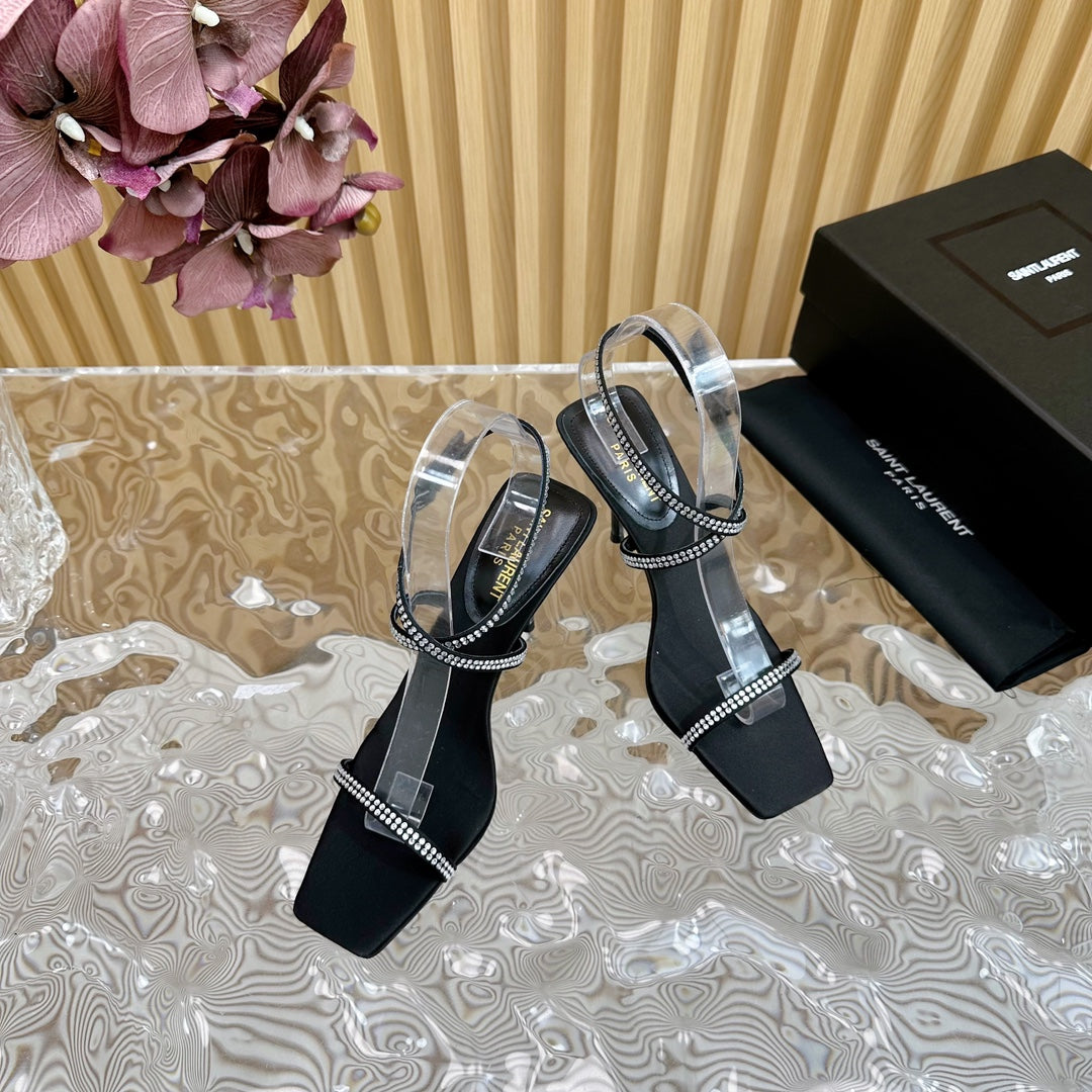 Saint Laurent NUIT SANDALS 85 IN BLACK CREPE SATIN AND WHITE RHINESTONES