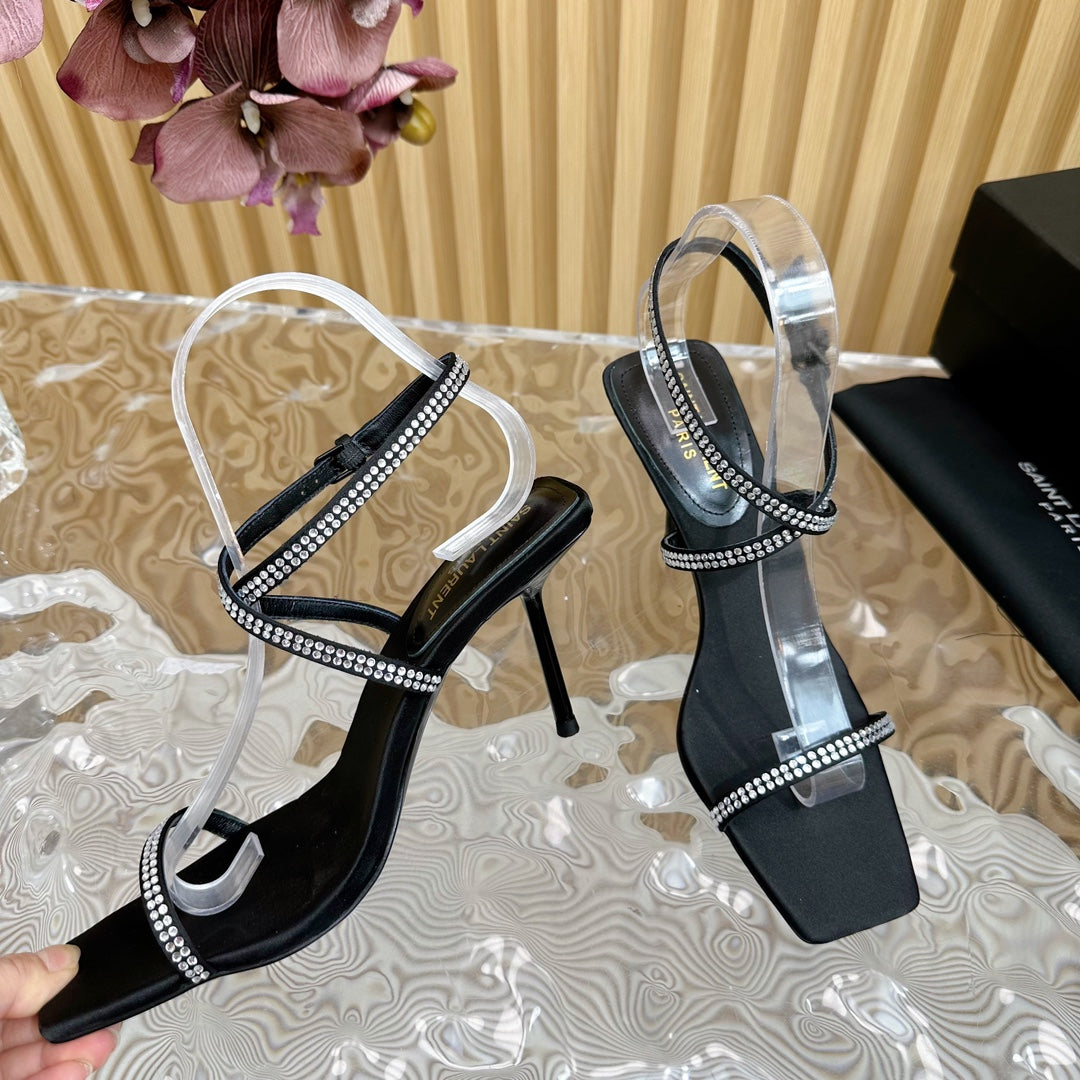 Saint Laurent NUIT SANDALS 85 IN BLACK CREPE SATIN AND WHITE RHINESTONES