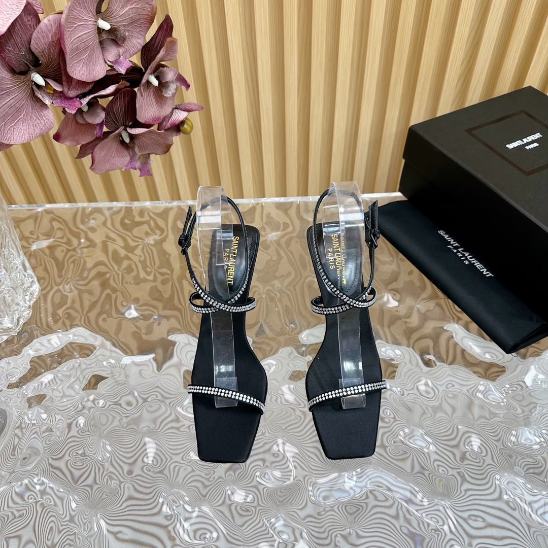 Saint Laurent NUIT SANDALS 85 IN BLACK CREPE SATIN AND WHITE RHINESTONES