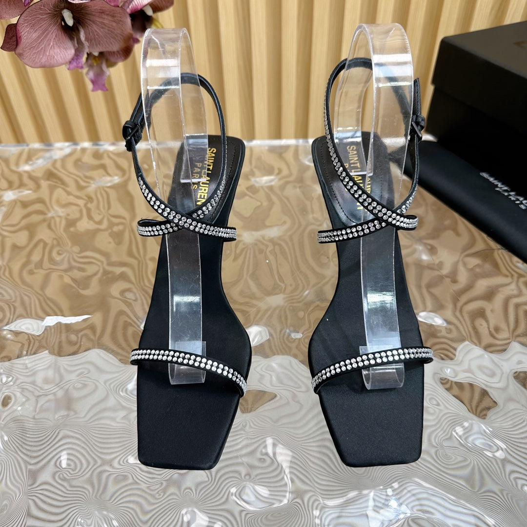 Saint Laurent NUIT SANDALS 85 IN BLACK CREPE SATIN AND WHITE RHINESTONES