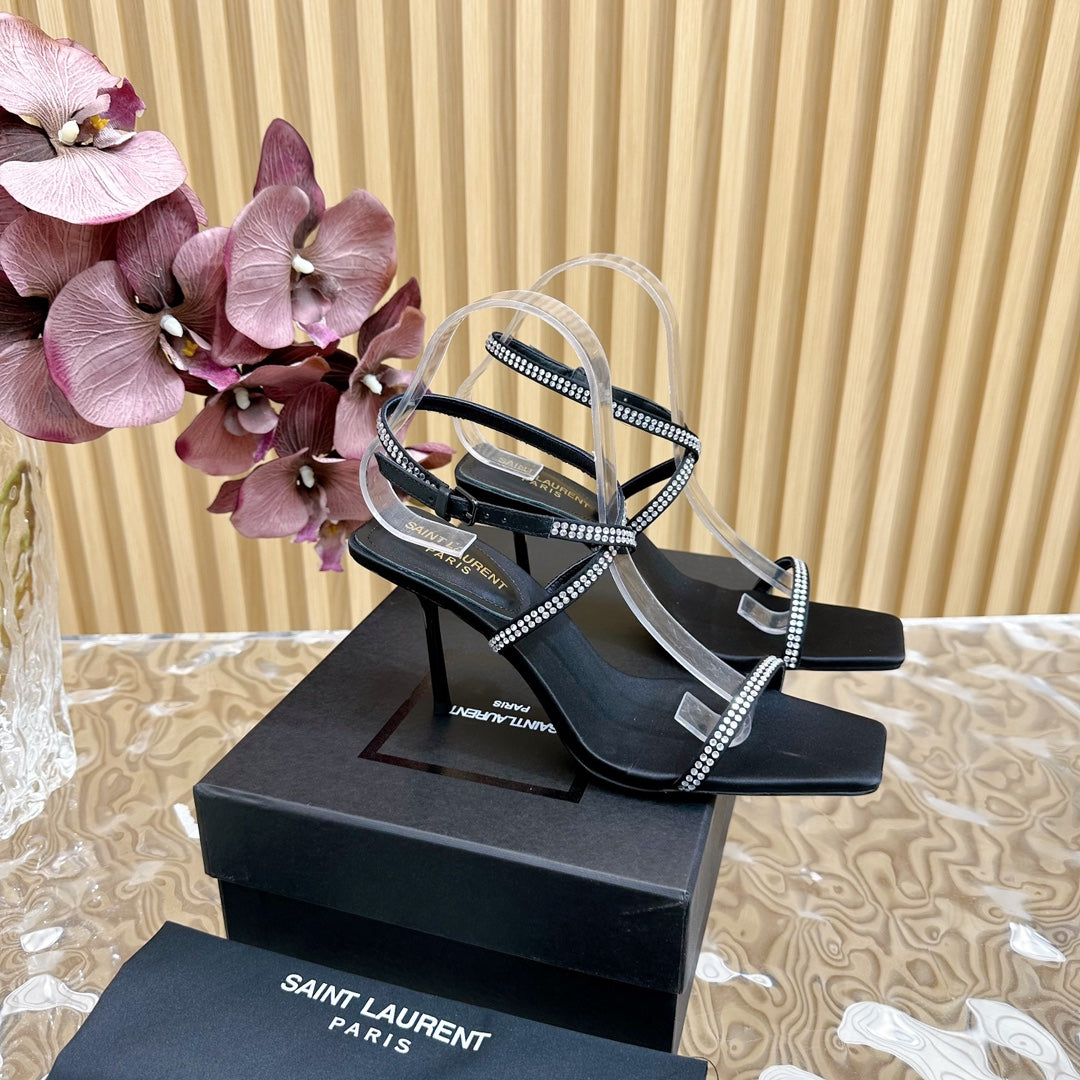 Saint Laurent NUIT SANDALS 85 IN BLACK CREPE SATIN AND WHITE RHINESTONES